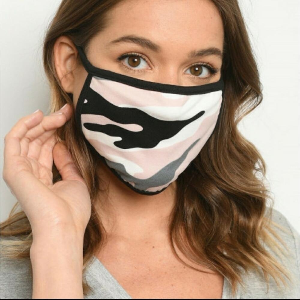 Pink, black, gray, white camo soft face mask